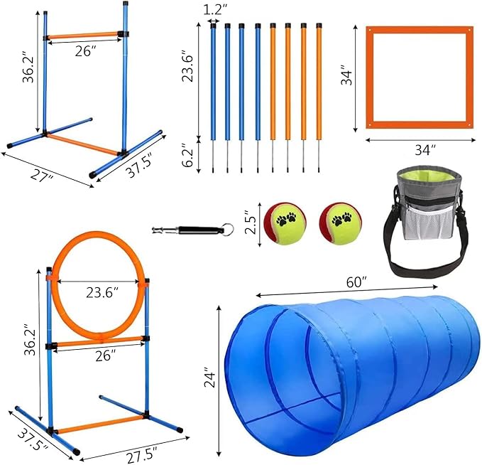 Dog Agility Training Equipment, 60-Piece Dog Obstacle Course Training Starter Kit Pet Outdoor Game with Tunnel, Agility Hurdle, Weave Poles, Jump Ring, Pause Box, Toy Balls and Storage Bag
