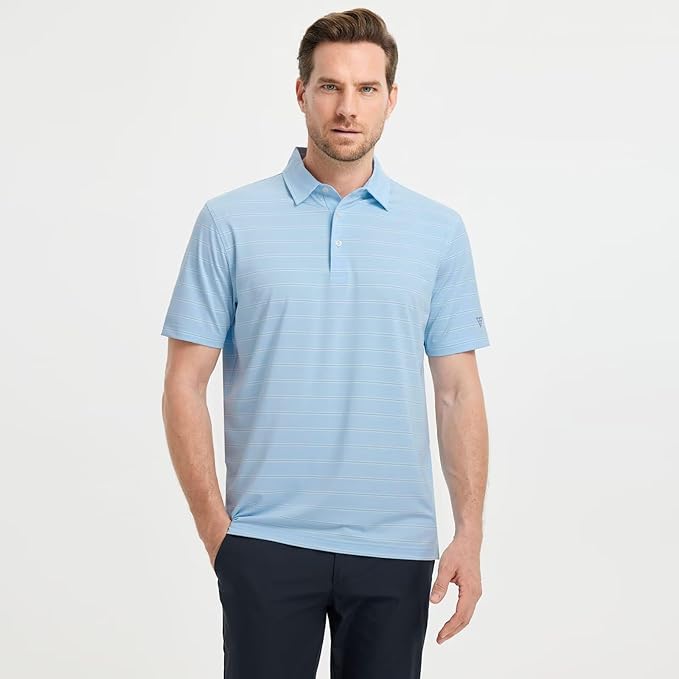 M MAELREG Golf Shirts for Men Moisture Wicking Striped Polo Performance Dry Fit Business Sports Mens Polo Shirts Short Sleeve