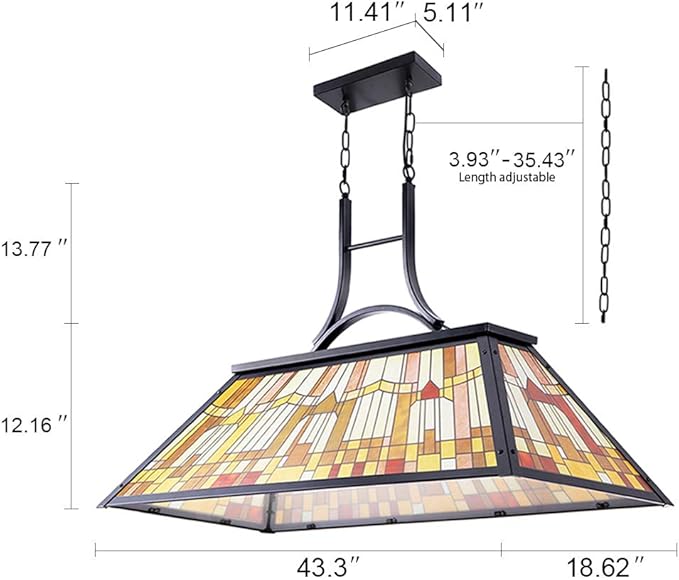 Wellmet 3-Lights Pool Table Lamp with Tiffany-Style Shade for 7' 8' 9' Table, 43.3” Vintage Billiards Light Fixtures Ceiling for Man Cave Club Bar Game Game Room
