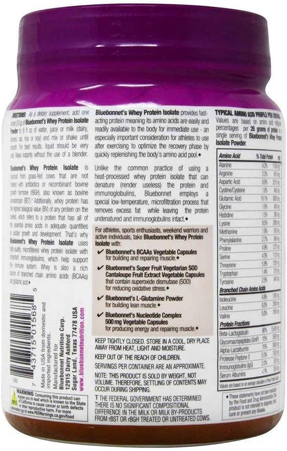 Bluebonnet Nutrition Whey Protein Isolate Powder, Whey From Grass Fed Cows, 26g of Protein, No Sugar Added, Gluten Free, Soy free, kosher Dairy, 1 Lb, 14 Servings, Chocolate Flavor