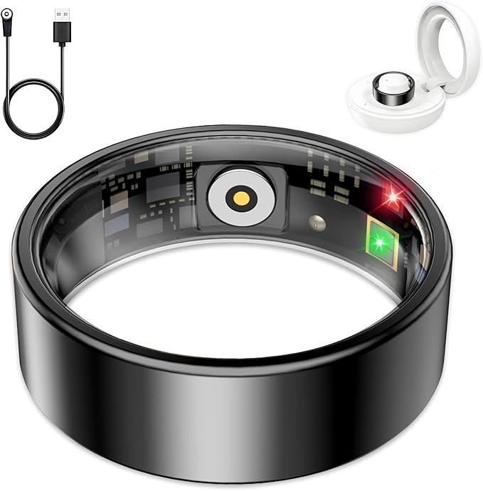 Smart Ring for Women Men, Sleep Tracker Ring, Waterproof Fitness Tracker Health Rings with Heart Rate Monitoring, Blood Oxygen, Stress Distance Calories Steps Tracking, No Subscription Fee(Black,#7)