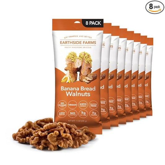 Earthside Farms Banana Bread Walnuts 1oz, 8 Pack – Vegan, Gluten-Free, Low Carb, Keto Friendly Snack – Sweet & Crunchy Candied Walnuts with Real Banana Flavor – Perfect for On-the-Go, Work, School