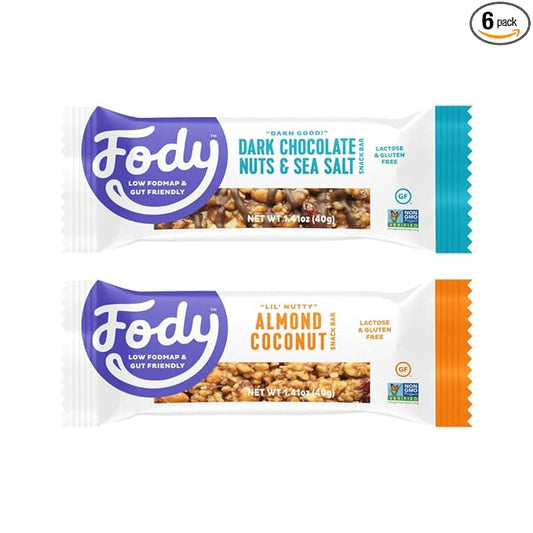 Fody Foods Snack Bars Variety Pack, 1.41 Oz (Pack of 6), Almond Coconut & Dark Chocolate Nuts & Sea Salt, Protein Bars, Low FODMAP, Gut & IBS Friendly, Vegan, Lactose Free, Non-GMO, Gluten Free