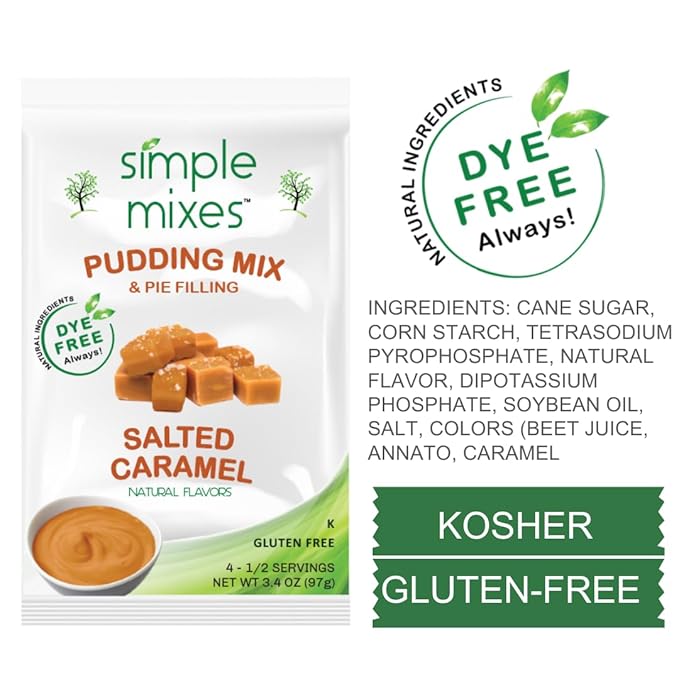 Simple Mixes Natural Instant Pudding & Pie Filling Mix Variety, Chocolate, Vanilla & Salted Caramel, Gluten and Dye-Free, No Fat, or Lactose, Kosher, Variety 6 Pack