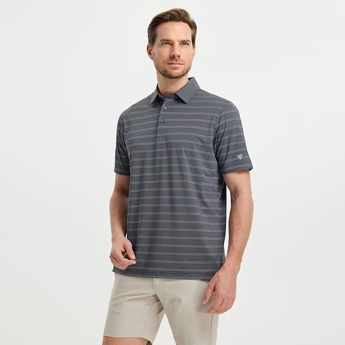 M MAELREG Golf Shirts for Men Moisture Wicking Striped Polo Performance Dry Fit Business Sports Mens Polo Shirts Short Sleeve
