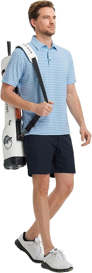 Rouen Mens Polo Shirts Short Sleeve Dry Fit Performance Moisture Wicking Causal Striped Polo Collared Golf Shirts for Men