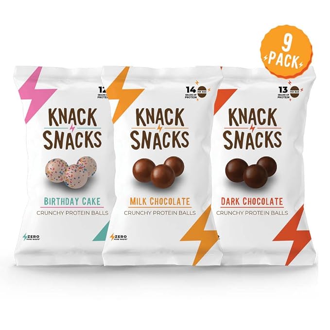 Knack Snacks | Crunchy Protein Balls - Variety Pack (9x 1.2oz Bags) | Lunchbox Ready, High Protein, Naturally Gluten Free, Lower Sugar, Great Snack for School, Work, Travel, Parties, Gaming, Anytime