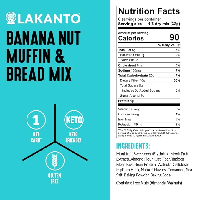 Lakanto Sugar Free Banana Nut Muffin and Bread Mix - Sweetened with Monk Fruit Sweetener, 2g Net Carbs, Gluten Free, Naturally Flavored, Keto Diet Friendly, Dairy Free (12 Muffins)