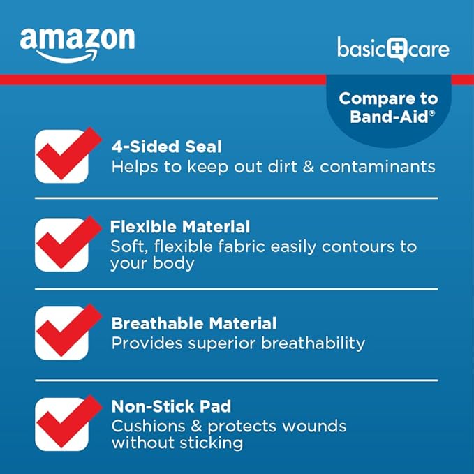 Amazon Basic Care Flexible Fabric Adhesive Bandages, First Aid and Wound Care Supplies, Assorted Sizes, 100 Count
