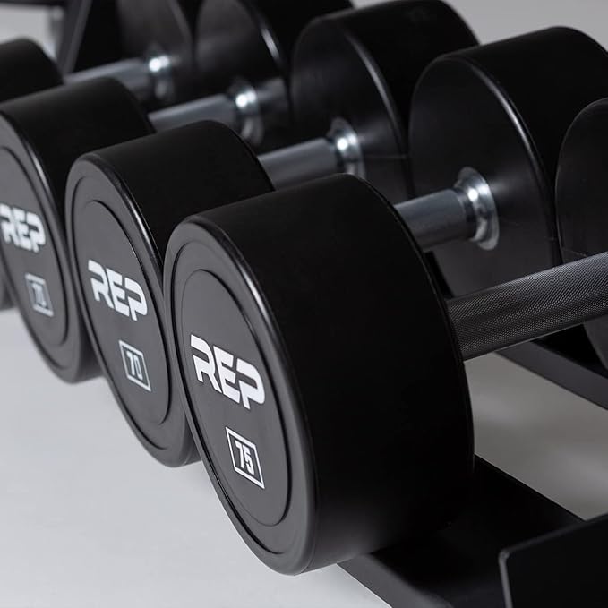 REP Fitness Urethane Coated Round Dumbbells, 5 to 100 lbs, Singles or Pairs, With or Without Rack, Steel Core, Rubber Encased, Chrome Handles, Professional Weights for Home Gym Strength Training
