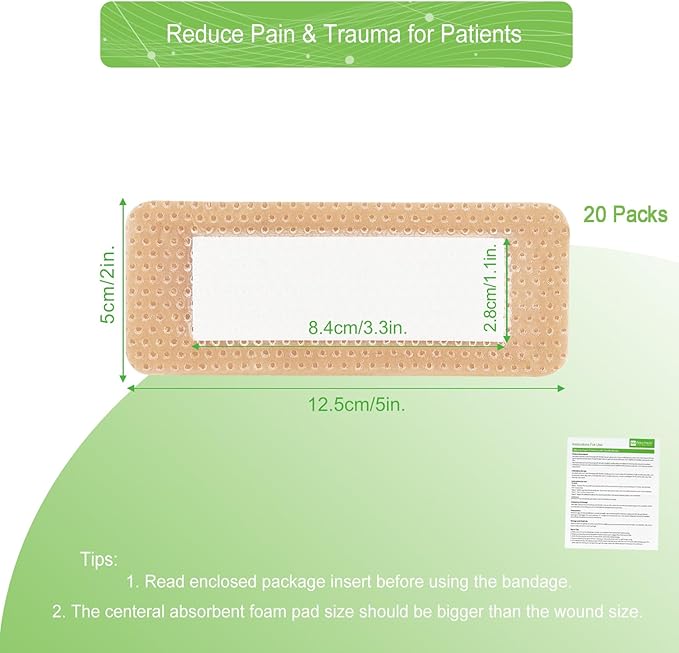 NeuHeils Silicone Foam Dressing Border Lite 2''x5'', 20 Packs, Pad Size 1.1''x3.3'' Soft Gentle Would Bandage Patch for Small Bed Sore Pressure Ulcer