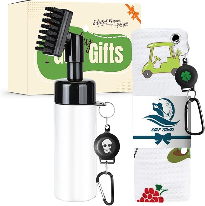Golf Club Clean Brush Towel Value Set with Strong Magnetic Retractable Carabiner, Squeeze Water Bottle Microfiber Absorbent Towel for Golf Bags Accessory Iron Care Men Women