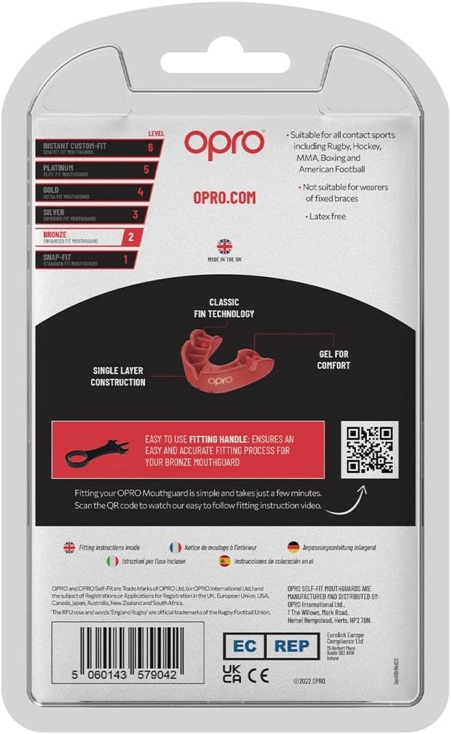 OPRO Bronze Level Sports Mouthguard – Custom-Fit, Breathable, Slim Design – Protective Mouth Guard for Football, Wrestling, Boxing, MMA, Lacrosse & All Contact Sports, Case Included – Red, Adult