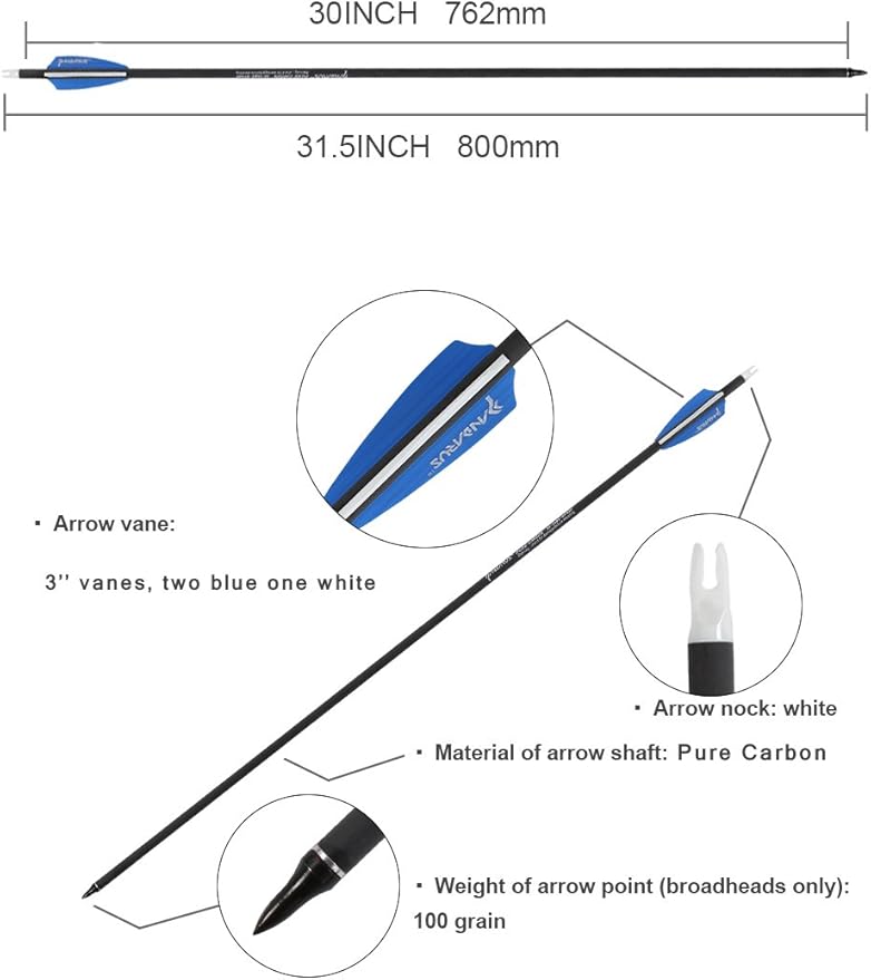 30/32" Inch ST0.006 Hunting Arrows for Compound & Recurve Bow,100% Carbon Archery Target Arrows with Removable Tips for Accurate Hunters & Bowhunters (Pack of 12)