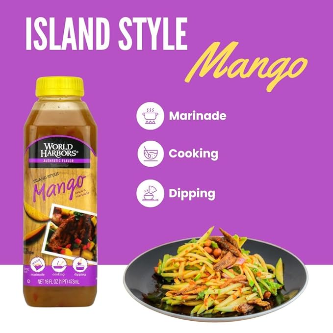 World Harbors Island Mango Sauce & Marinade - Low-Calorie, Sweet & Tangy Perfect Sauce for Chicken, Fish, Beef, Wings, Dipping, Stir-Frying, Salad Dressing. Made in USA 16-Fl Oz Bottle (Pack of 6)