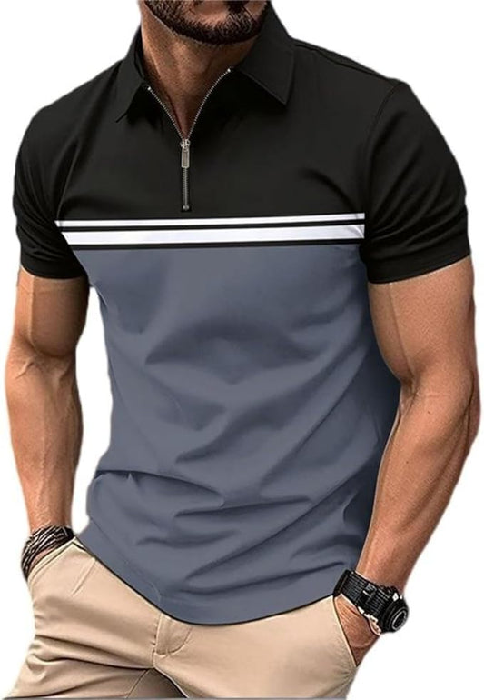 Men's Casual Polo Shirts Short Sleeve Fashion Golf Shirt Classic Striped Slim Fit T-Shirts
