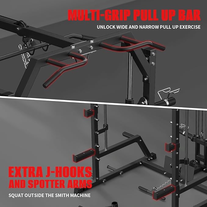 Smith Machine, Power Rack with LAT Pulldown System, Power Cage with Cable System, Squat Rack for Home Gym with Chest Press Machine, Spotter Arms, Leg Curl Attachment and More