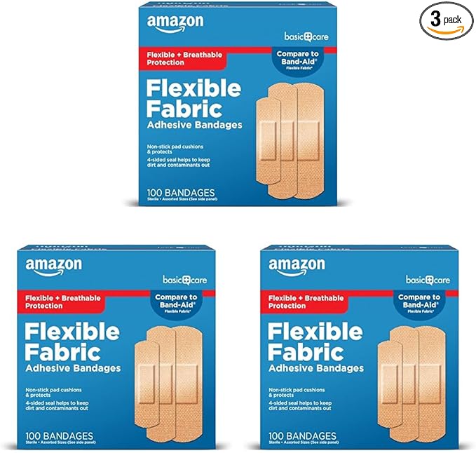 Amazon Basic Care Flexible Fabric Adhesive Bandages, First Aid and Wound Care Supplies, Assorted Sizes, 100 Count (Pack of 3)