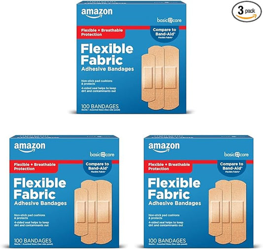 Amazon Basic Care Flexible Fabric Adhesive Bandages, First Aid and Wound Care Supplies, Assorted Sizes, 100 Count (Pack of 3)