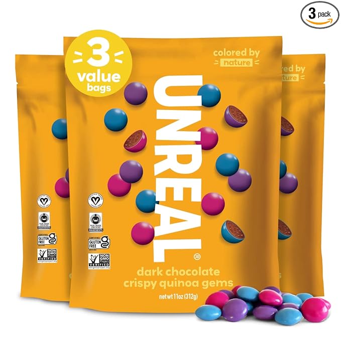 UNREAL Dark Chocolate Quinoa Gems (3 Value Size Bags) | Vegan, Colors from Nature | Fair Trade, Non-GMO | Gluten Free, No Sugar Alcohols or Soy | 11oz each