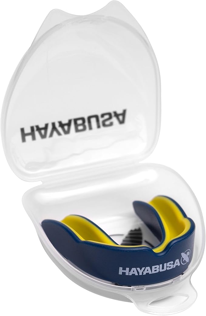 Hayabusa Combat Sports Mouth Guard Youth, Kids and Adult Sizes Comes with Case - Blue/Yellow, Adult