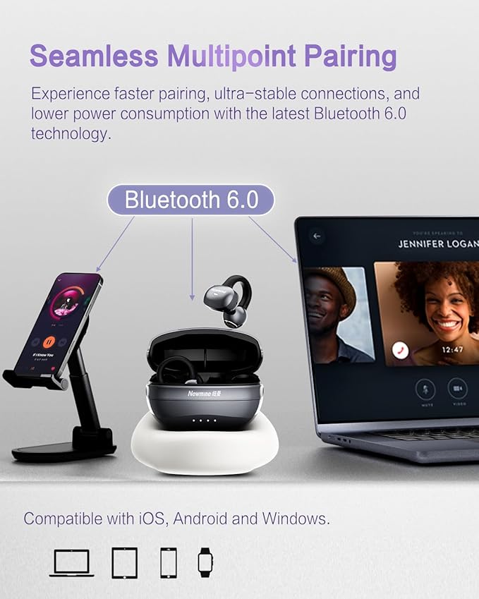 A50 Clip on Earbuds, Bluetooth 6.0 Wireless Open Ear Headphones w/5.3g Weightless Comfort,48H Playtime,3D Soundstage,Clear Call Mics,IPX5,Multipoint Connection,Fit for Workout Running Purple