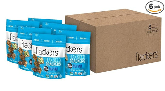 Flackers Organic Sea Salt Flaxseed Crackers, 5 Ounce 6-Pack, Gluten Free, Non GMO, Vegan, Keto Snack, 9g Fiber, 1g Net Carb