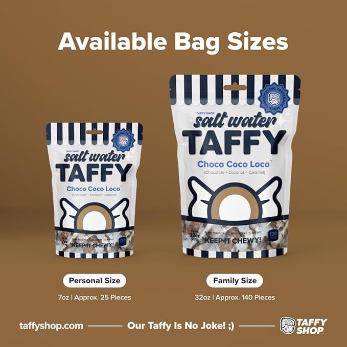 Taffy Shop Choco Coco Loco, Chocolate, Coconut, Caramel Salt Water Taffy Gourmet Soft Chewy Candy, Bulk Sweet Snack, Fresh Gift & Gluten-Free, 140 Individually Wrapped Pieces (32oz)