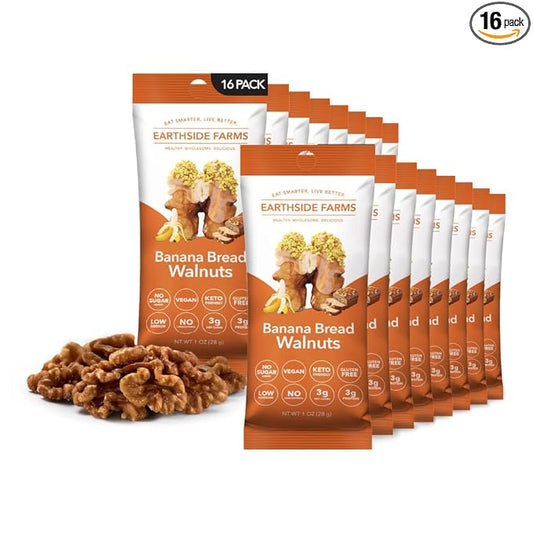 Earthside Farms Banana Bread Walnuts 1oz, 16 Pack – Vegan, Gluten-Free, Low Carb, Keto Friendly Snack – Sweet & Crunchy Candied Walnuts with Real Banana Flavor – Perfect for On-the-Go, Work, School