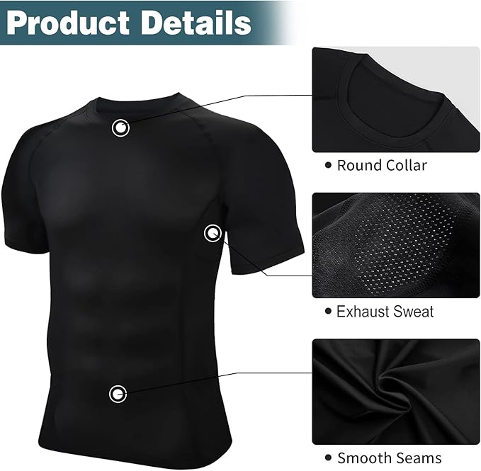 BOOMCOOL Men Short Sleeve Compression Shirts, Sports Baselayer T-Shirts Tops, Athletic Workout Shirt 3 Pack