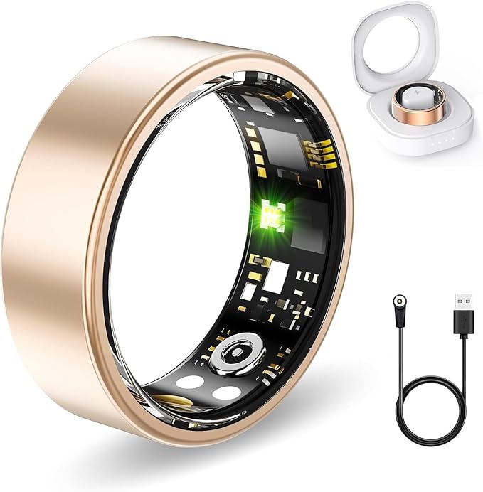 Smart Health Rings for Women Men, Fitness Tracker with Heart Rate, Blood Oxygen, HRV, Sleep Tracker, Step Tracker, No Subscription Fee, IP68 Waterproof Smart Ring for iPhone & Android (Gold 6#)