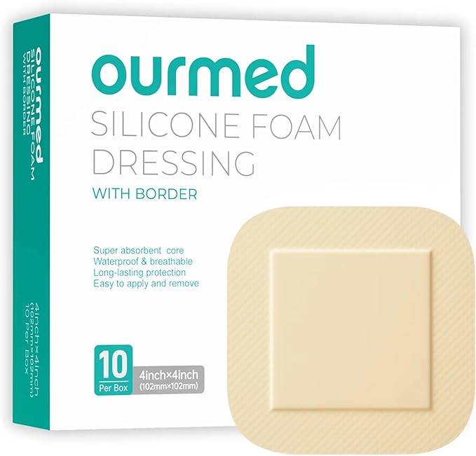 Silicone Foam Dressing with Border Adhesive - Large Absorbent Waterproof Bandage for Wound Care, Foot Diabetic Ulcer, Leg Ulcer, 4" x 4", 10 Pack