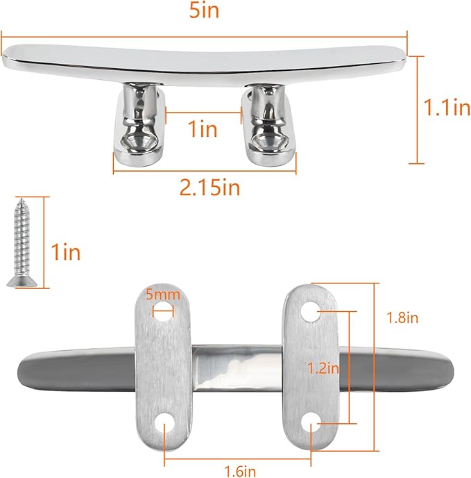 ORLANG 316 Stainless Steel Boat Cleats 5 Inch/6 Inch/8 Inch (3 Size), Open Base Dock Cleats with Fasteners, Boat Dock Cleat Rope Cleat for Boat Docks, Decks or Nautical Decor (4 Pack)