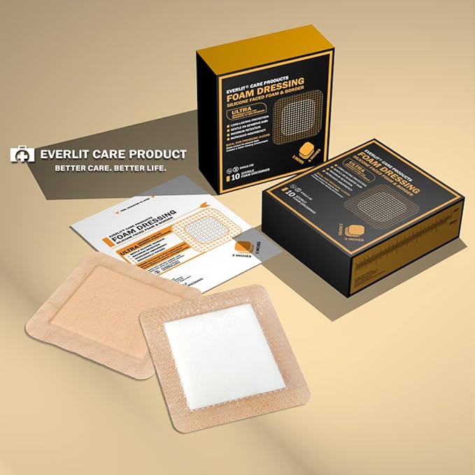 EVERLIT Care Silicone Foam Dressing with Adhesive Border | Highly Absorbent Hypoallergenic Bandages for Chronic Wounds, Bed Sores, Pressure Ulcers | Gentle & Secure Adhesion (3" x 3" | 10 Pack)