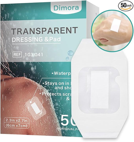 Dimora Transparent Film Dressing with Pad 50 Pack, 2.3"x2.7" Waterproof Adhesive Bandages Post Surgical Wound Cover Barrier Film