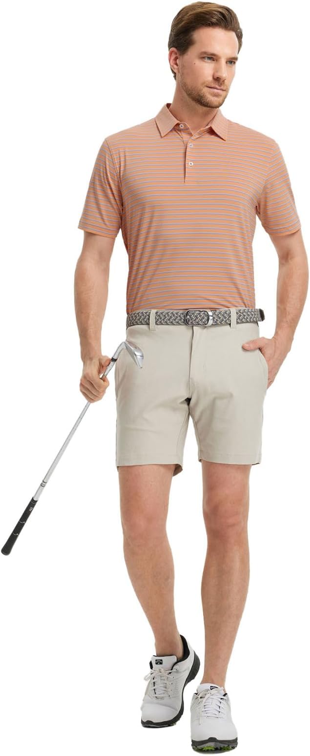 M MAELREG Golf Shirts for Men Moisture Wicking Striped Polo Performance Dry Fit Business Sports Mens Polo Shirts Short Sleeve