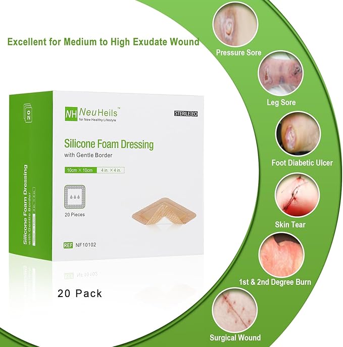 NeuHeils Silicone Foam Dressing with Gentle Border 4''x4'', 20 Pack for Bed Sore Leg Ulcer, High Absorbency Large Waterproof Silicone Wound Bandage