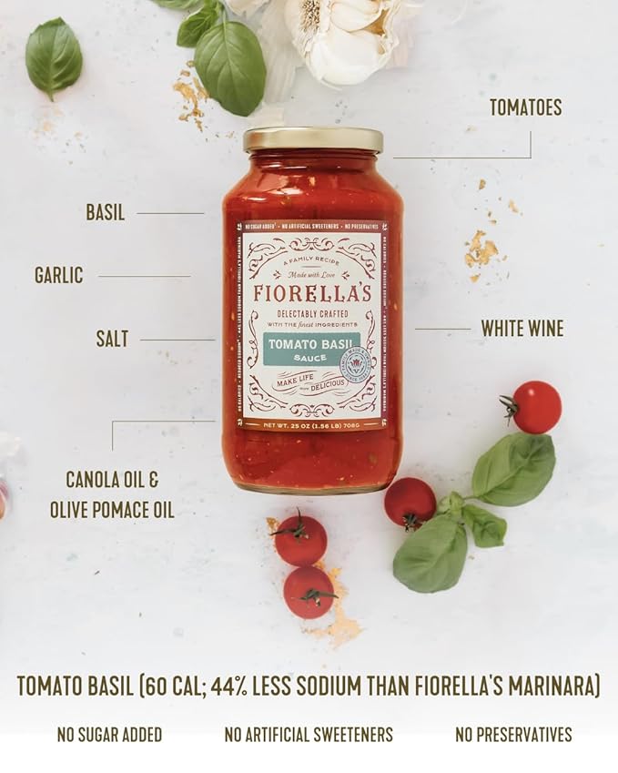 Fiorella's Tomato Basil Pasta Sauce - Tomato Sauce Made with Fresh Ingredients - No Sugar Added, Vegan, Gluten Free, No Preservatives Added, Reduced Sodium, Pasta Sauce, 25 Oz (Pack of 2)