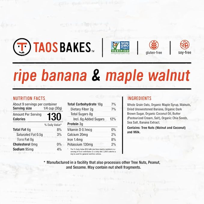 Taos Bakes- Ripe Banana & Maple Walnut Granola - Crunchy Granola Breakfast Snack - Gluten Free, No GMOS, No Fillers - 10 oz (Pack of 6)