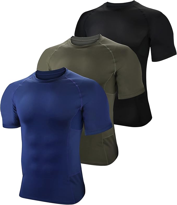 BOOMCOOL Men Short Sleeve Compression Shirts, Sports Baselayer T-Shirts Tops, Athletic Workout Shirt 3 Pack
