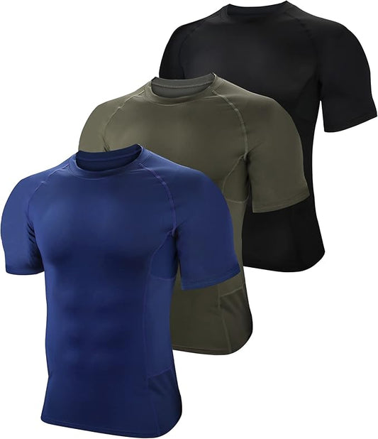 BOOMCOOL Men Short Sleeve Compression Shirts, Sports Baselayer T-Shirts Tops, Athletic Workout Shirt 3 Pack