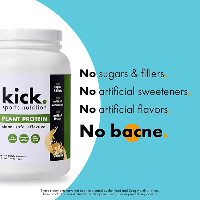 Kick Plant Protein Powder, Vanilla Flavor, 20 G Protein, Gluten Free Workout Supplement with Aminos Acids to Support Fitness Goals & Gut Health, No Sugar, No Artificial Flavors, 28 Servings