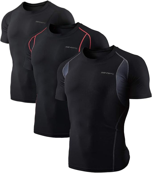 DEVOPS 3 Pack Men's Cool Dry Short Sleeve Compression Shirts, Sports Baselayer T-Shirts Tops, Athletic Workout Shirt