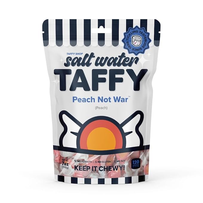Taffy Shop Peach Not War, Peach Salt Water Taffy – Gourmet Soft Chewy Candy, Bulk Sweet Snack, Fresh Gift & Gluten-Free, 30 Individually Wrapped Pieces (7oz)