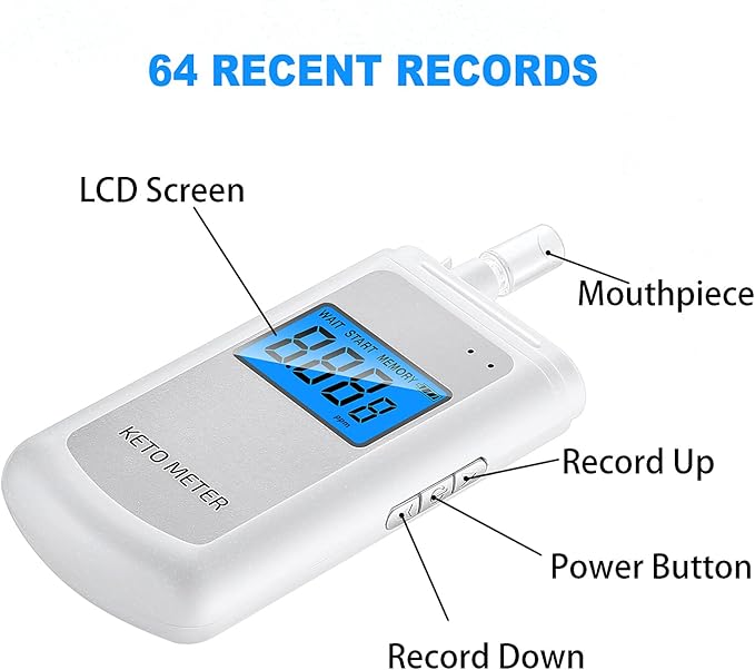 Rechargeable Ketone Meter Analyzer Professional Grade Accuracy Breath Ketone Meter LCD Digital Display Ketosis Breath Breathalyzer Tracing Ketones Status with 10 Mouthpieces