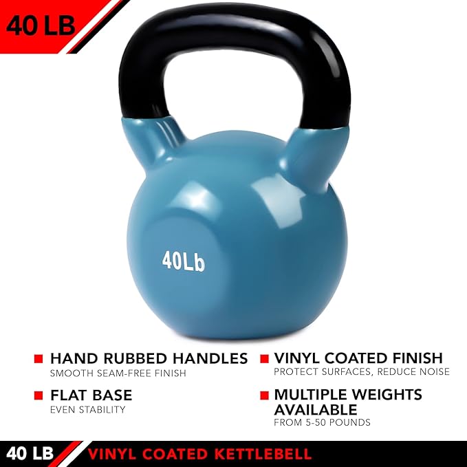 JFIT Kettlebell Weights Vinyl Coated Iron - 12 Size Options, 5lbs-50lbs - Coated for Floor and Equipment Protection, Noise Reduction, Ballistic, Core, Weight Training