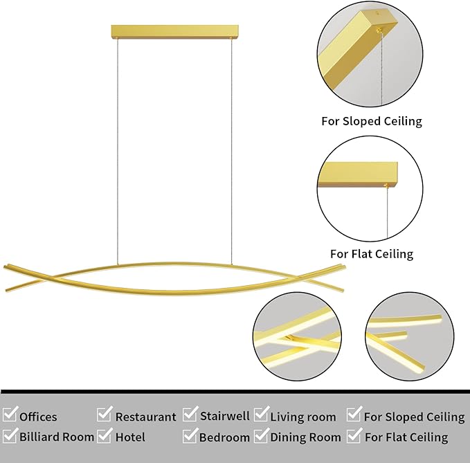 Modern LED Pendant Lights, 47in Gold Chandelier Dimmable with Remote Control 3000k-6000K Adjustable Color Temperature, Aluminum Island Lighting Lamp Fixture for Kitchen, Dining Room