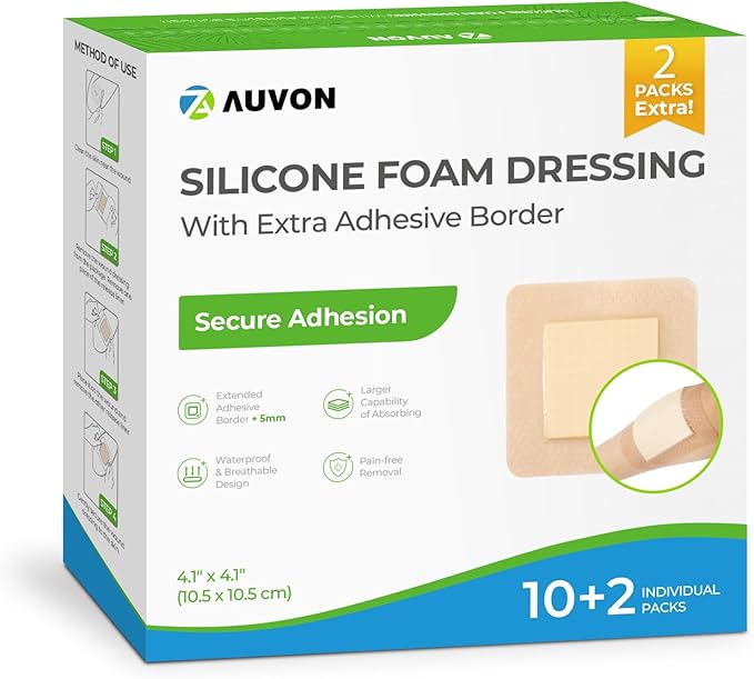 AUVON Silicone Foam Dressing with Large Adhesive Border, 4" x 4" 12 Packs Wound Dressing Bandage with High Absorbency, Waterproof Silicone Foam Pads for Wound Care, FSA/HSA Eligible