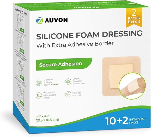 AUVON Silicone Foam Dressing with Large Adhesive Border, 4" x 4" 12 Packs Wound Dressing Bandage with High Absorbency, Waterproof Silicone Foam Pads for Wound Care, FSA/HSA Eligible