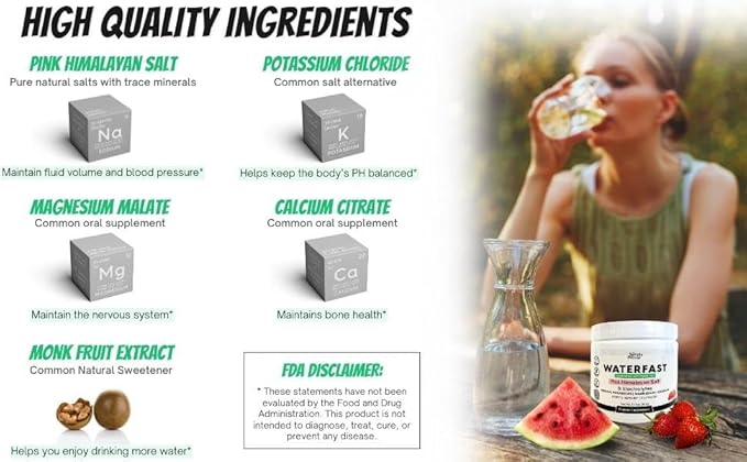 WATERFAST Monk Fruit Keto Electrolyte Powder for Fasting and Hydration- Strawberry Watermelon Flavor | Pink Himalayan Salt (Sodium), Potassium, Magnesium, Calcium | Sugar Free